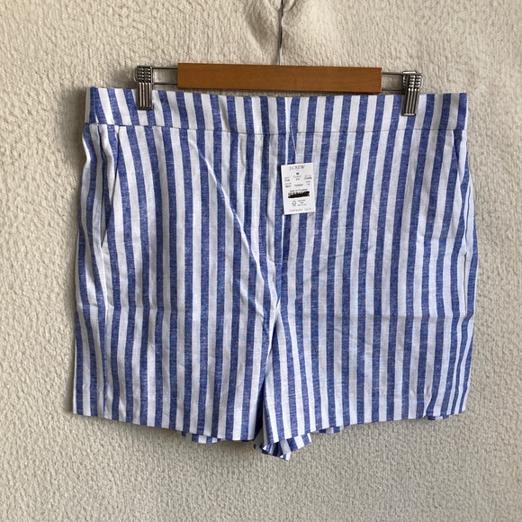 J Crew Brilliant Blue White Linen-blend elastic-back short Women Size 12 - Picture 1 of 7